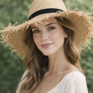 Nordstrom Brand Straw Fringe Black Trim Adjustable Hat One Size